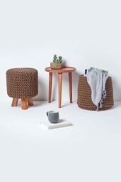 Homescapes Tall Cotton Knitted Footstool on Legs in Chocolate - thumbnail 6