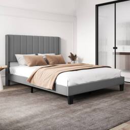 Levede King Bed Frame Metal & Wood Plush Upholstered Mattress Base in Grey