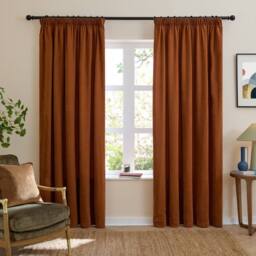 Furn Soft Chenille Blackout Pencil Pleat Curtain Pair in Burnt Orange - Size: 168 cm width x 183 cm drop - thumbnail 2