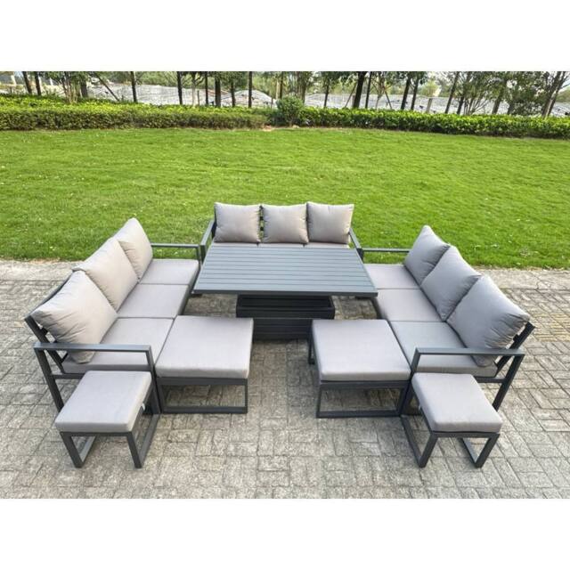 Fimous Aluminum Modern Patio Conversation Set with Lifting Table, 4 Footstools in Dark Grey - image 1