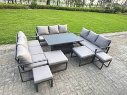Fimous Aluminum Modern Patio Conversation Set with Lifting Table, 4 Footstools in Dark Grey - thumbnail 2