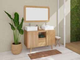 Vente-unique Freestanding Teak Bathroom Vanity Unit With Double Square Ceramic in Light Oak