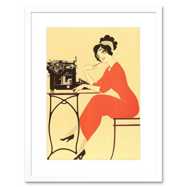 "Artery8 Wall Art Print Typewriter Woman Red Dress Writing Artwork Framed 9X7 Inch in White - Size: W7"" x H9""" - image 1