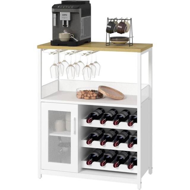 KORVIXA 3 Tier Wine Bar Cabinet with Glass Rack & Storage Shelves in White - Size: 100 cm - image 1