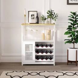 KORVIXA 3 Tier Wine Bar Cabinet with Glass Rack & Storage Shelves in White - Size: 100 cm - thumbnail 3