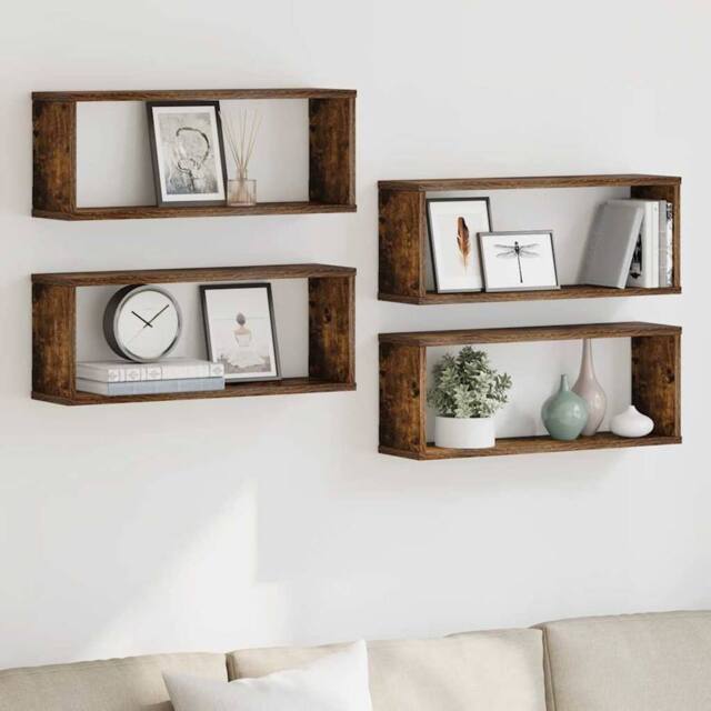 Berkfield Home Wall Cube Shelves 4 pcs Smoked Oak 60x15x23 cm Engineered Wood in Brown - Size: 60 x 15 x 23 cm