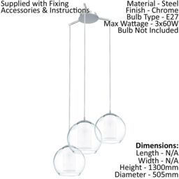 Loops Pendant Light Colour Chrome Shade White Clear Satin Glass Glass Bulb E27 3x60W - thumbnail 2