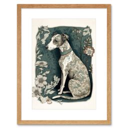 "Artery8 Wall Art Print Whippet Dog with Floral Pattern Fur Coat Art Nouveau Inspired Watercolour Artwork Framed 9X7 Inch in Beige - Size: W7"" x H9""" - thumbnail 1