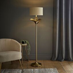 ValueLights Christina Fabric with Gold Inner Drum Shade Gold Palm Leaf Floor Lamp with Bulb in Beige - thumbnail 1