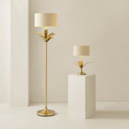 ValueLights Christina Fabric with Gold Inner Drum Shade Gold Palm Leaf Floor Lamp with Bulb in Beige - thumbnail 7