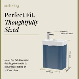 Balterley Retro Wall Hung Bathroom Vanity Basin Unit - 400mm - Satin Blue - thumbnail 5