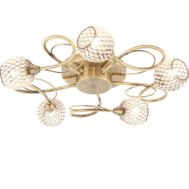 Loops Semi Flush Ceiling Light Brass Glass Beads 5 Bulb Hanging Pendant Lamp Shade in Clear - image 1