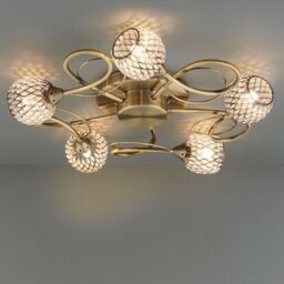 Loops Semi Flush Ceiling Light Brass Glass Beads 5 Bulb Hanging Pendant Lamp Shade in Clear - thumbnail 3