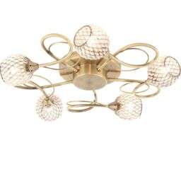 Loops Semi Flush Ceiling Light Brass Glass Beads 5 Bulb Hanging Pendant Lamp Shade in Clear