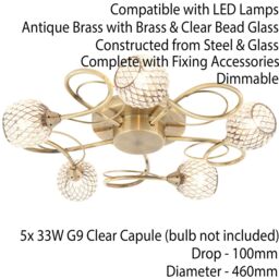 Loops Semi Flush Ceiling Light Brass Glass Beads 5 Bulb Hanging Pendant Lamp Shade in Clear - thumbnail 2