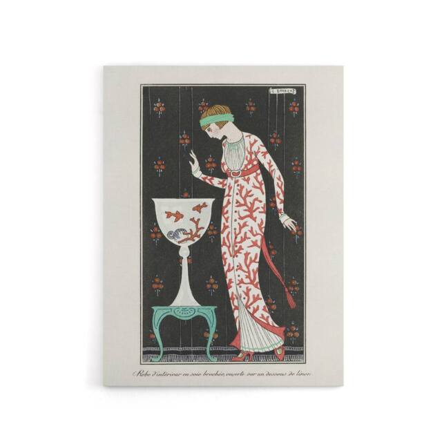 "Artery8 Coral Evening Dress Fashion Advert Barbier Canvas Wall Art in White - Size: W24"" x H32""" - image 1