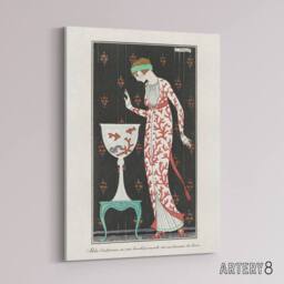 "Artery8 Coral Evening Dress Fashion Advert Barbier Canvas Wall Art in White - Size: W24"" x H32""" - thumbnail 2