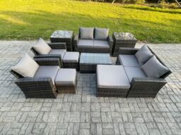 Fimous Garden Furniture Sets 10 Pieces Outdoor Rattan Furniture Manual Wicker Patio Sofa Chair Set with Coffee Table 3 Footstools in Dark Grey - thumbnail 2