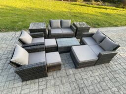 Fimous Garden Furniture Sets 10 Pieces Outdoor Rattan Furniture Manual Wicker Patio Sofa Chair Set with Coffee Table 3 Footstools in Dark Grey - thumbnail 1