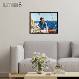 "Artery8 President John F Kennedy JFK At Yacht Wheel Framed Canvas Wall Art Print in Blue - Size: W12"" x H16""" - thumbnail 3