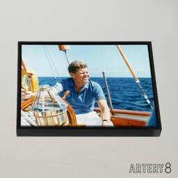 "Artery8 President John F Kennedy JFK At Yacht Wheel Framed Canvas Wall Art Print in Blue - Size: W12"" x H16""" - thumbnail 2