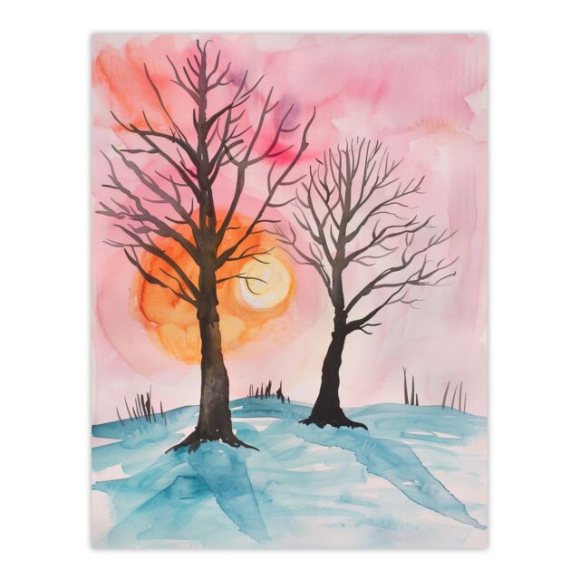"Artery8 Two Trees Misty Sunset Winter Snow Landscape Wall Art Print in Pink - Size: W12"" x H16""" - image 1