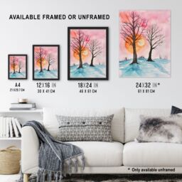 "Artery8 Two Trees Misty Sunset Winter Snow Landscape Wall Art Print in Pink - Size: W12"" x H16""" - thumbnail 3