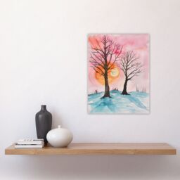 "Artery8 Two Trees Misty Sunset Winter Snow Landscape Wall Art Print in Pink - Size: W12"" x H16""" - thumbnail 4