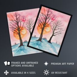 "Artery8 Two Trees Misty Sunset Winter Snow Landscape Wall Art Print in Pink - Size: W12"" x H16""" - thumbnail 2