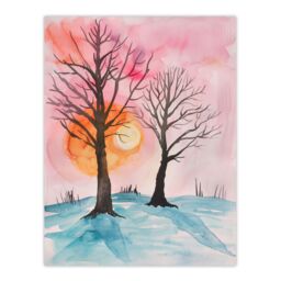 "Artery8 Two Trees Misty Sunset Winter Snow Landscape Wall Art Print in Pink - Size: W12"" x H16""" - thumbnail 1
