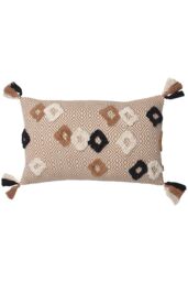 Furn Benji Tasselled Jacquard Diamond Tufted Cotton Cushion in Brown - Size: 30 cm x 50 cm - thumbnail 1