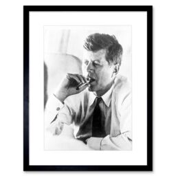 "Artery8 Vintage Photo President John Kennedy Smoke Cigar JFK Framed Art Print in Grey - Size: W12"" x H16""" - thumbnail 1