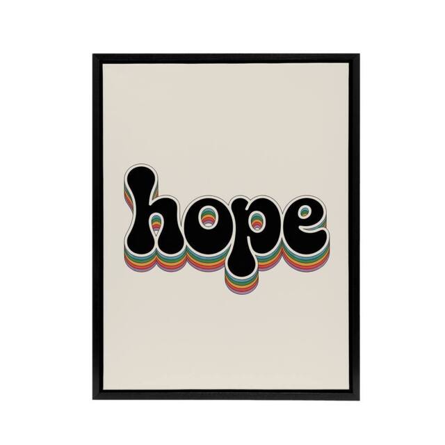 "Artery8 Hope Colourful Retro Rainbow Font Typography Framed Canvas Wall Art in Beige - Size: W12"" x H16""" - image 1
