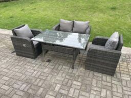 Fimous Dark Grey PE Rattan Garden Furniture Set Love Sofa Reclining Chair Outdoor Rectangular Dining Table 4 Seater - thumbnail 1