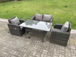 Fimous Dark Grey PE Rattan Garden Furniture Set Love Sofa Reclining Chair Outdoor Rectangular Dining Table 4 Seater - thumbnail 2