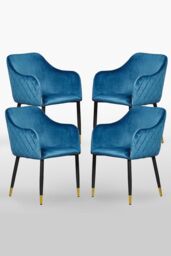 Life Interiors Set of 4 Verona Velvet Dining Chairs with Quilted Back & Black Legs - Modern Accent Chair with Gold Foot Caps in Blue