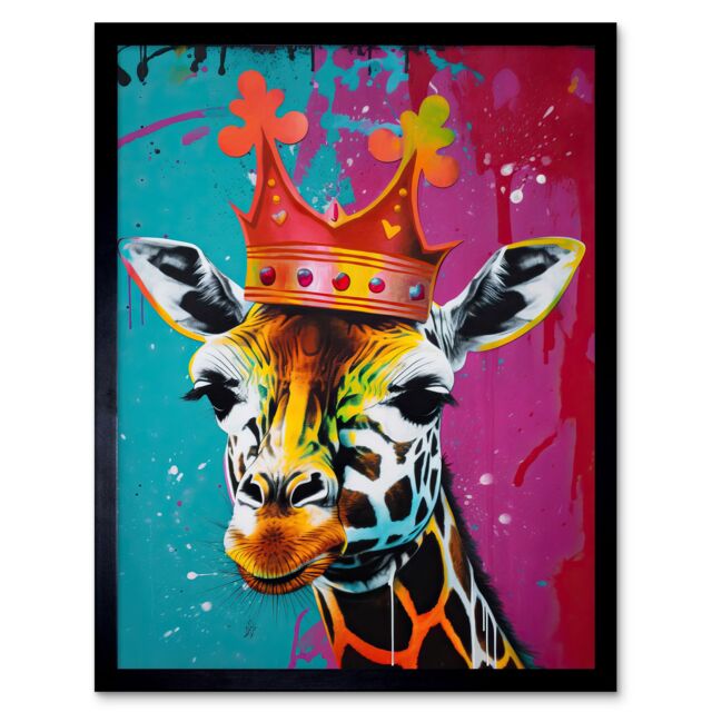 "Artery8 Wall Art Print King Queen Giraffe Wearing a Crown Modern Pop Art Framed in Black - Size: W12"" x H16""" - image 1