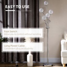 HOMCOM Modern Floor Lamp w/ K9 Crystal Shade, 5 Light, for Living Room in Silver - thumbnail 5