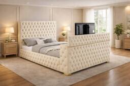 PARADISE BEDS LTD Mariana Chesterfield Upholstered TV Bed Frame With Gas Lift Storage in Cream - Size: King