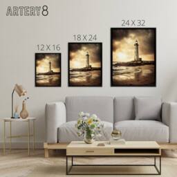 "Artery8 Lighthouse Beach Sunset Seascape Framed Canvas Wall Art Print in Brown - Size: W12"" x H16""" - thumbnail 4