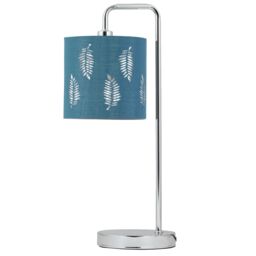 First Choice Lighting Chrome Arched Table Lamp with Teal Fern Cut Out Shade in Silver