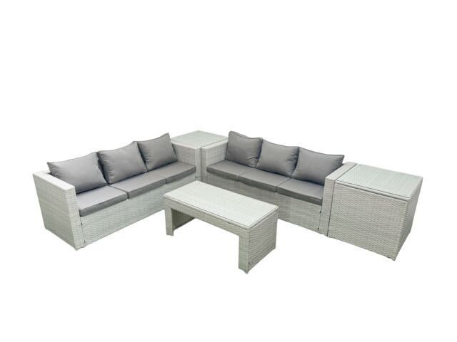 Fimous 6 Seater Garden Outdoor Rattan Furniture Set Rattan Garden Sofa Oblong Coffee Table with 2 Side Tables Light Grey Mixed - image 1