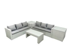 Fimous 6 Seater Garden Outdoor Rattan Furniture Set Rattan Garden Sofa Oblong Coffee Table with 2 Side Tables Light Grey Mixed - thumbnail 2