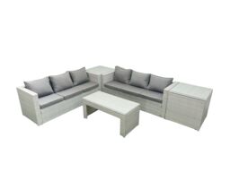 Fimous 6 Seater Garden Outdoor Rattan Furniture Set Rattan Garden Sofa Oblong Coffee Table with 2 Side Tables Light Grey Mixed - thumbnail 1
