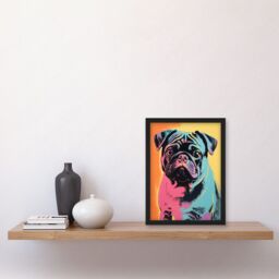 Artery8 Wall Art Print Cute Pug Dog Colourful Artwork Pink Turquoise Orange & Yellow Vibrant Pet Portrait Artwork Framed A4 in Black - thumbnail 2