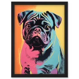 Artery8 Wall Art Print Cute Pug Dog Colourful Artwork Pink Turquoise Orange & Yellow Vibrant Pet Portrait Artwork Framed A4 in Black - thumbnail 1