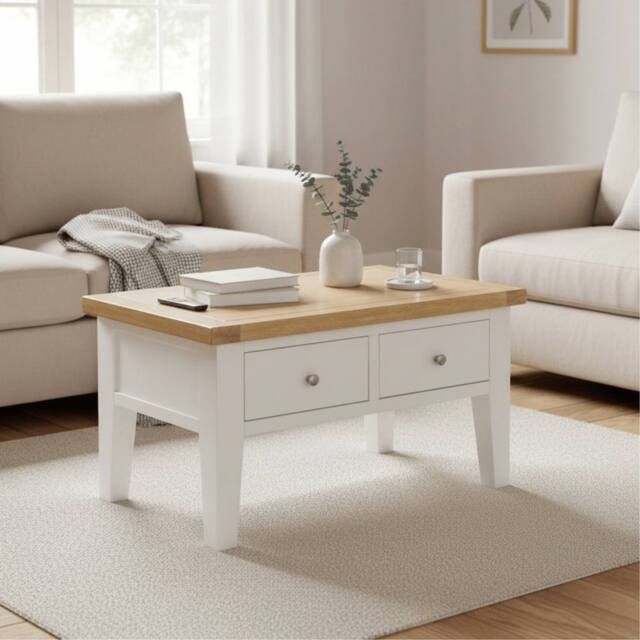 Home Source Melbourne Solid Wooden 2 Drawer Coffee Table Metal Handles Oak Top in White - image 1