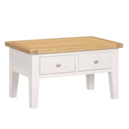 Home Source Melbourne Solid Wooden 2 Drawer Coffee Table Metal Handles Oak Top in White - thumbnail 3