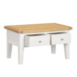Home Source Melbourne Solid Wooden 2 Drawer Coffee Table Metal Handles Oak Top in White - thumbnail 4