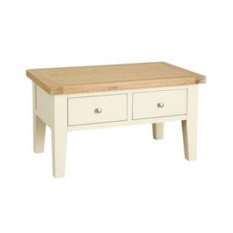 Home Source Melbourne Solid Wooden 2 Drawer Coffee Table Metal Handles Oak Top in White - thumbnail 9
